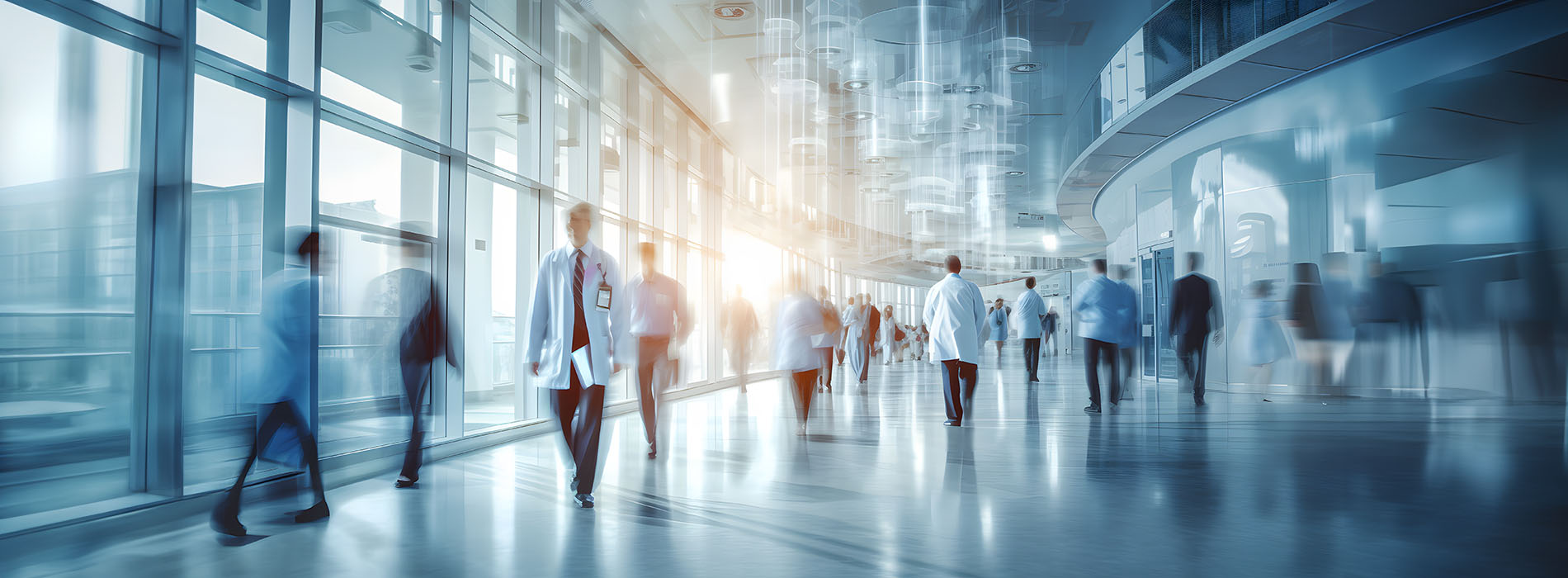 The image depicts a bustling indoor public space with blurred people walking around, set against a modern architectural backdrop with a focus on motion and activity.