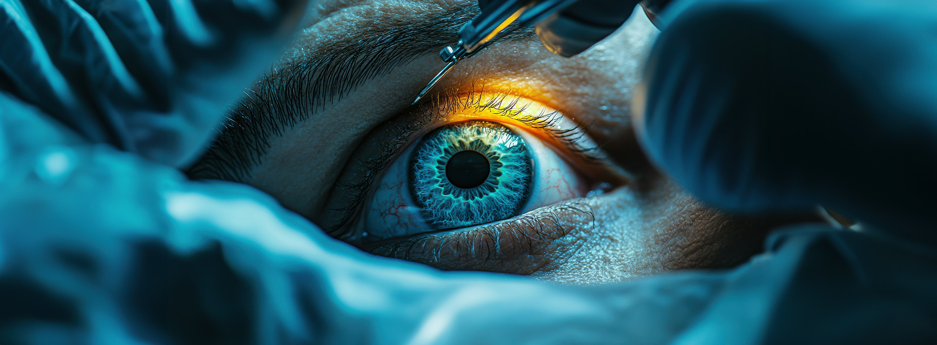 An individual with a prosthetic eye examining another eye, set against a dark background with an aquatic theme.