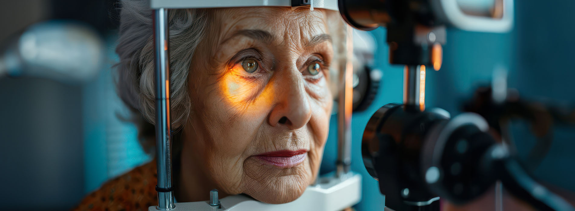 The image shows a person with an elderly appearance sitting at a machine with a large circular device in front of them, possibly related to medical or scientific research, with an eye exam apparatus visible.