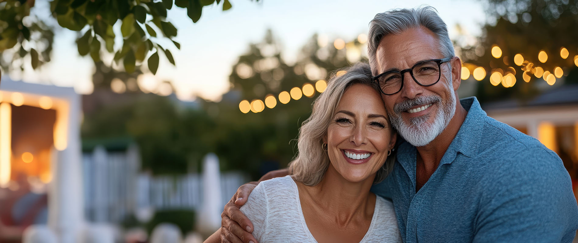 The image shows a man and a woman posing together at sunset, with a warm lighting effect, against a backdrop of a house and trees, suggesting a celebratory or romantic moment.
